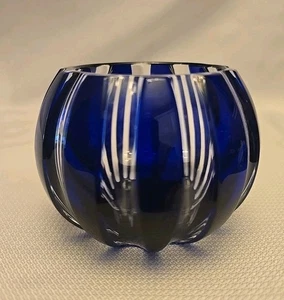 Atemberaubender Faberge Votivkerzenhalter kobaltblau geschnitten klar gestreift 3 Zoll - Bild 1 von 8