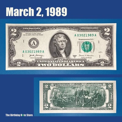 March 2, 1989 Birthday Anniversary $2 Two Dollar Bill Serial Number 03021989 - Image 1 of 2