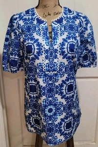 Talbots Blue/wht Geometric Print Wht Embroidery V Neck Size S Slits Blouse - Picture 1 of 8