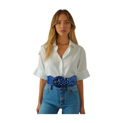 Women Elastic Wide Blue Belt Fashion Hip Waist White Polka Dots Waistband XS S M - Image 1 of 4