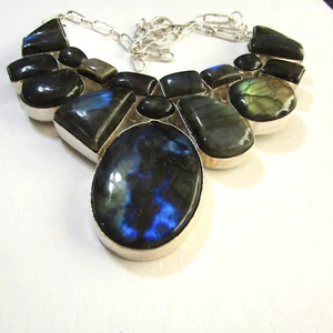 Labradorite Bib Statement Necklace 925 Sterling Silver 3*22 in - Picture 1 of 13