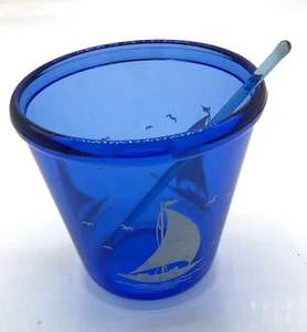 Vintage Hazel Atlas Cobalt Blue Glass Cocktail Mixer Ice Bucket Sail Boat Ship - Picture 1 of 8