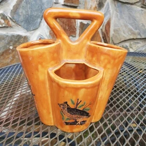 Vintage orange-braun glasiert mit Eulen Keramik geteilt Übertopf Bastler 1979 - Bild 1 von 11