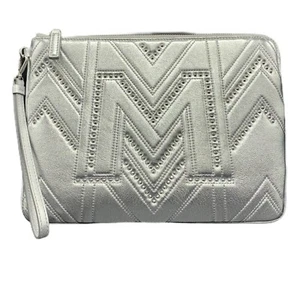 MCM LOGO QUILTED BERLIN SILVER LEATHER MEDIUM PURSE WRISTLET POUCH - Picture 1 of 8
