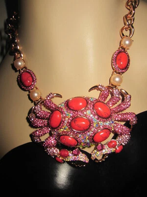BETSEY JOHNSON BOAT HOUSE LG CRAB ROSE GOLD BLING FAUX PEARL STATEMENT NECKLACE - Image 1 of 4