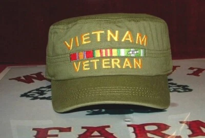 Vietnam Veteran Cadet/Patrol Olive Drab Embroidered Authentic Ribbons Flat Cap. - Image 1 of 3