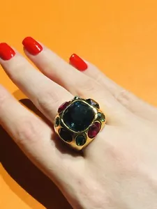 Kenneth Jay Lane KJL Gold Plated Blue Red Green Purple Crystal Cocktail Ring - Picture 1 of 5