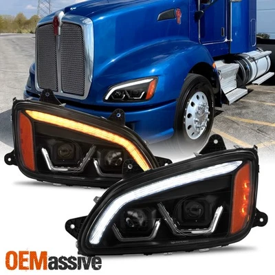 For 2008-2017 Kenworth T660 LED DRL Switchback Signal Projector Headlight Black - Изображение 1 из 4