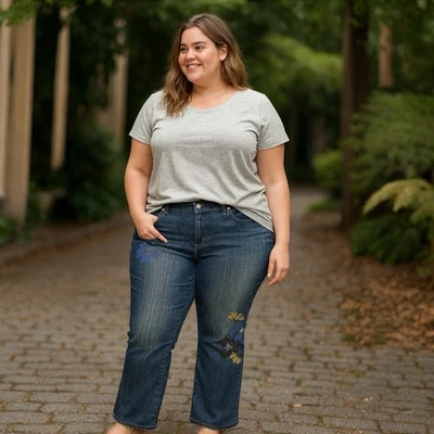 Pantalones de mezclilla Boom Boom EE. UU. para mujer talla 18 W florales elásticos con joyas rectos elásticos Foto 1 de 4
