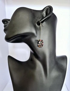 Vintage Murano Millefiori Glass Square Dangle Drop Earrings Blck And Col Flowers - Picture 1 of 7