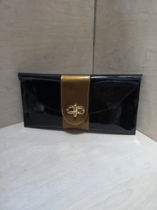 VINTAGE PATENT Black Leather ENVELOPE Clutch GOLD HARDWARE RED INTERIOR - Bild 1 von 21