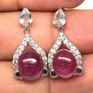 925 Sterling Silver 9 x 10 mm. Red Ruby, Topaz & Cubic Zirconia Jewelry Earrings - Picture 1 of 4