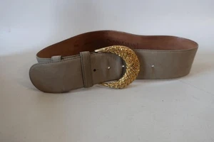 Women Donna Karan New York Beige Gold-Tone Buckle Nubuck Leather Designer Belt S - Picture 1 of 9