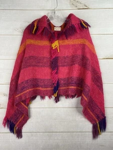 Beautiful Crochet Handmade Shawl Fringe OS Pink Plaid Wool Pullover Sweater Boho - Picture 1 of 7
