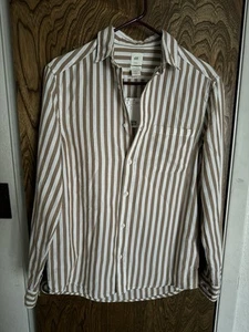H&M Striped Button-Up Shirt Tan White Striped Regular Fit Mens Small NWT - Picture 1 of 3