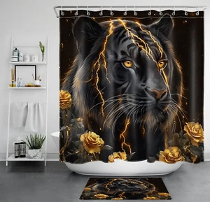 Rose Wild Animal Tiger Black and Gold Shower Curtain Bathroom Accessories Set - Picture 1 of 23