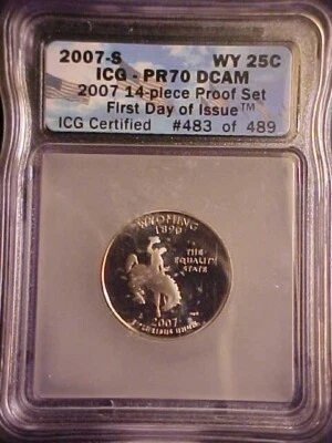 2007-S WYOMING STATE QUARTER ICG  PR70 DCAM FIRST DAY OF ISSUE-KEY DATE!-c121csx - Image 1 of 4