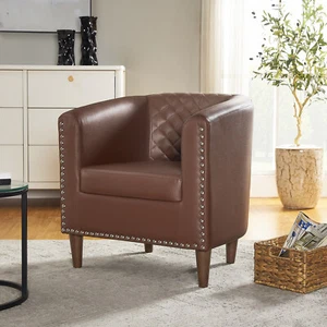 Modern Faux Leather Barrel Accent Sofa Arm Chair Upholstered Living Room Brown - Picture 1 of 11