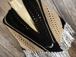 NEW Black Beige Knit Shawl Wrap Scarf Boho Hippie Knitted Handmade Fringe - Picture 1 of 7