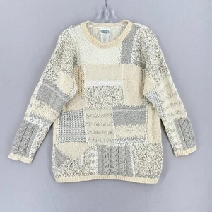 Vintage Laura Ashley Patchwork Cable Knit Sweater Medium Ivory Gray Cottagecore - Picture 1 of 16