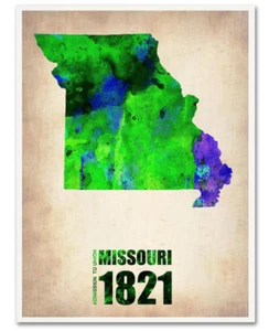 Trademark Fine Art Missouri Watercolor Map by Naxart Canvas Wall Art, 14" x 19" - Picture 1 of 7