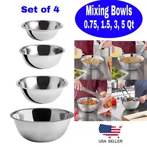 Stainless Steel Mixing Bowls Set of 4 Bowl 0.75, 1.5, 3, 5 Qt Cooking Prepping