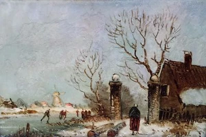 Original Christmas oil tile painting/Louis Apol style art/Dutch winter landscape - Picture 1 of 4