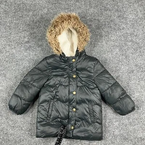 Old Navy Puffer Coat Kid's 4T Black Hooded Faux Fur Lined Winter Jacket - Picture 1 of 8