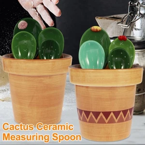 4Pcs Porcelain Measuring Spoons Set with Base Cute Cactus Shape Stirring CrOJT - Picture 1 of 18