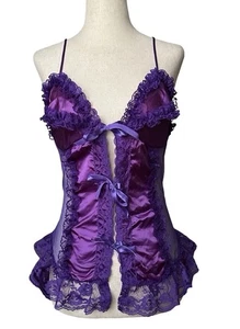 Vintage 80er Alana Gale Satin transparentes Korsett Camisole Medium lila Band Spitze Fee - Bild 1 von 17