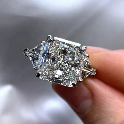 New Square White Topaz Ice Flower Cut Gemstone Luxury Charm Women Silver Ring - Image 1 of 4