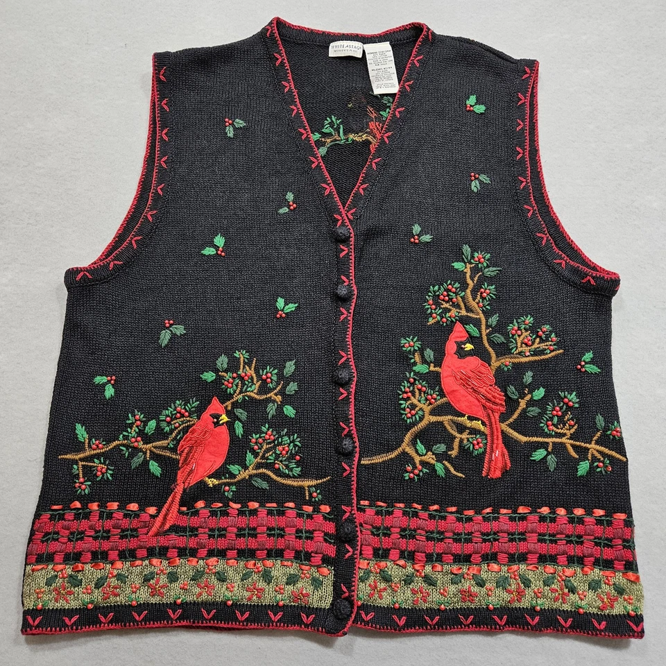 Cardigã branco veado suéter colete feminino plus 22W preto malha cardinal pássaro frisado - Imagem 1 de 4