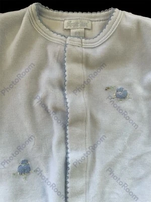 Kissy Kissy Premier EUC Blue Velour Embroided Lambs Crochet Edged Footie-0-3Mos - Image 1 of 4