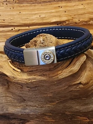 Pulsera bala de cuero azul.  Cristal de cristal opcional. Foto 1 de 4