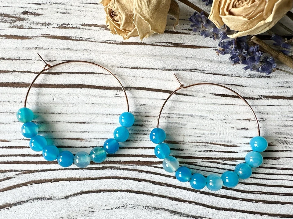 Larimar Hoop Earrings, Larimar Bead Gemstone Peace Relaxation Stone Earrings - Image 1 of 4