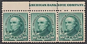 US # 226 *MINT NO GUM {SCARCE -VF- FULL IMPRINT STRIP OF 3 } 10c WEBSTER OF 1890 - Picture 1 of 5