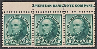 US # 226 *MINT NO GUM {SCARCE -VF- FULL IMPRINT STRIP OF 3 } 10c WEBSTER OF 1890 - Image 1 of 4