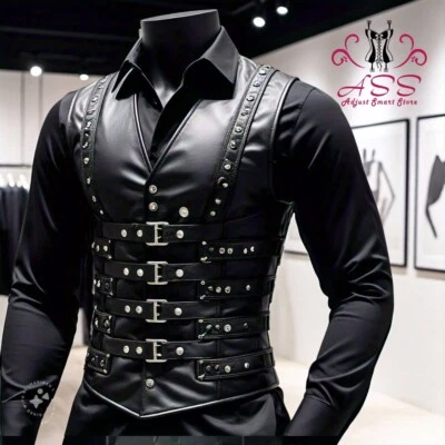 Mens Corset Vest Real Leather Steel Boned Steampunk Gothic Business Waistcoat US - Image 1 of 4