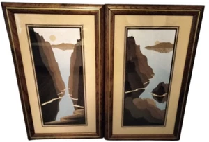 2 Large Vintage framed art signed & numbered Ede 34" X 20" water & mountain view - Picture 1 of 6