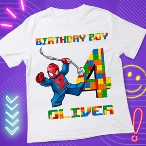 Spiderman brick Birthday Custom T shirt Kids size 4 White Gift for boy Superhero - Picture 1 of 5