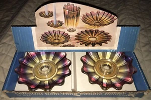 Pair of candle holders Carnival Glass FEDERAL Iridescent Celestial Gem-Tone MIB - Picture 1 of 8
