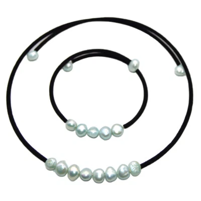 Juego de pulsera collar cables cuerda cuero negro perla barroca multicolor de 7-8 mm Foto 1 de 4