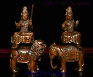 7" Old Tibet Boxwood Carved Manjusri Samantabhadra Buddha Ride Lion Statue Pair - Picture 1 of 10