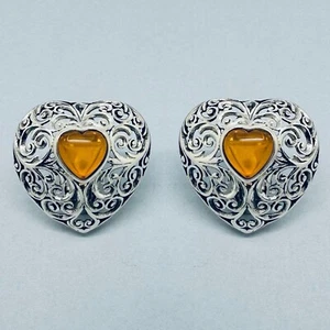Genuine 925 Sterling Silver Cut Out Filigree Clip On Earrings With Amber Heart - Picture 1 of 2