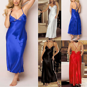 Womens Sexy Satin Silk Nightdress Lace Lingerie Sleepwear Ladies Dress Robe Gown