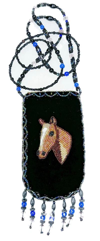 Beaded Horse Credit Card Holder Crossbody Bag Pouch Black Velvet Wall Pocket - Image 1 of 4
