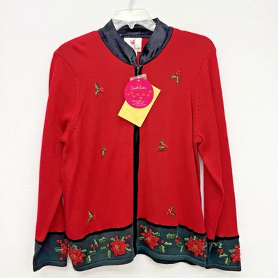 Quacker Factory Large Red Christmas Zip Up Cardigan Sweater Holly Poinsettia NWT - Image 1 of 4