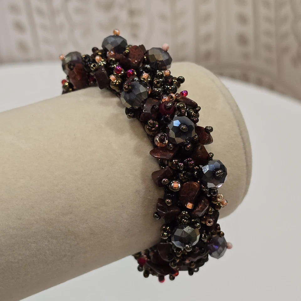 Czech Glass Stone Overload Beaded 6 1/2" Bracelet Pink Burgundy Bronze Magnetic - Image 1 of 4