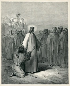 JESUCRISTO EXPULSANDO AL DIABLO Gustave Dore arte bíblico 1890 impresión antigua - Imagen 1 de 3
