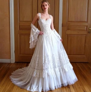 Vestidos de novia vintage línea A correa de espagueti mangas acampanadas vestido de novia con volantes - Imagen 1 de 7